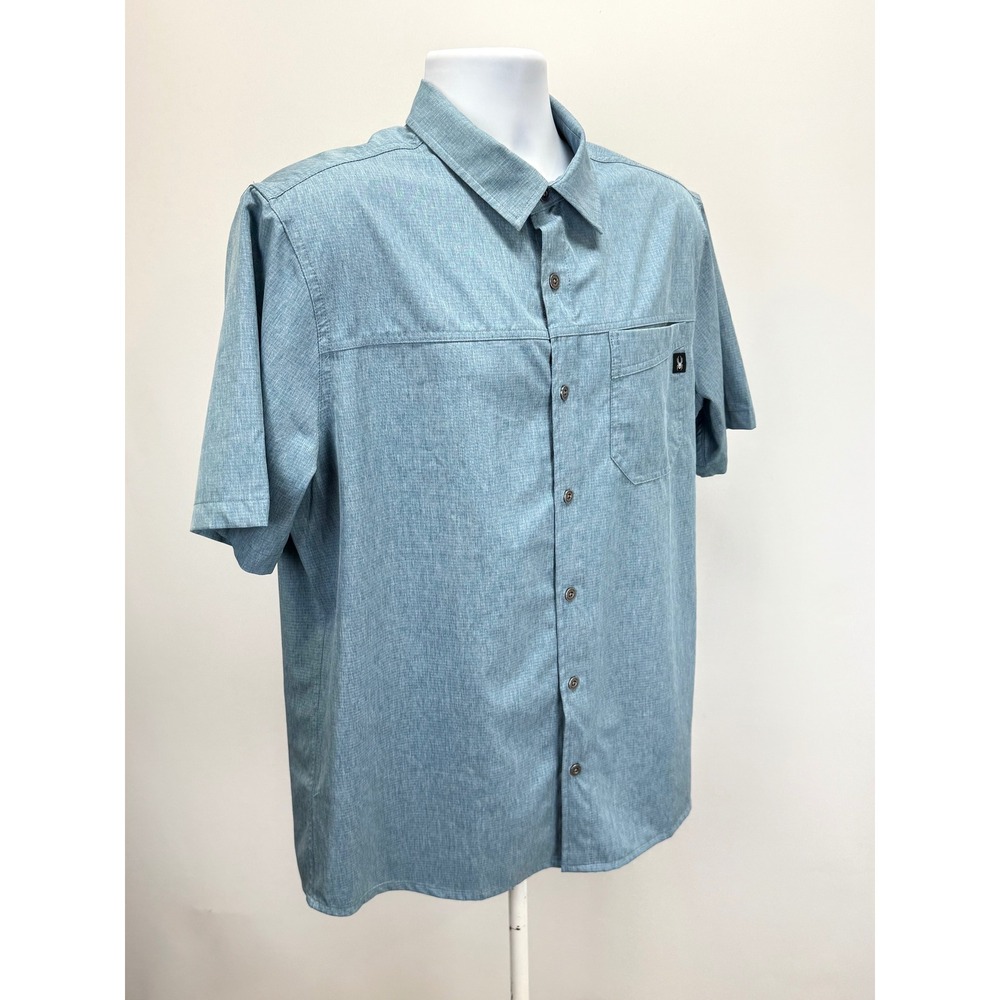 Spyder Mens Short Sleeve Button Down Shirt Blue Heathered Outdoor Active Top - Picture 3 of 12